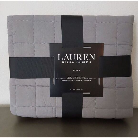 Ralph Lauren ASHER Grey Cotton Poly Fiberfill Quilted European Euro Pillow Sham - Picture 1 of 9